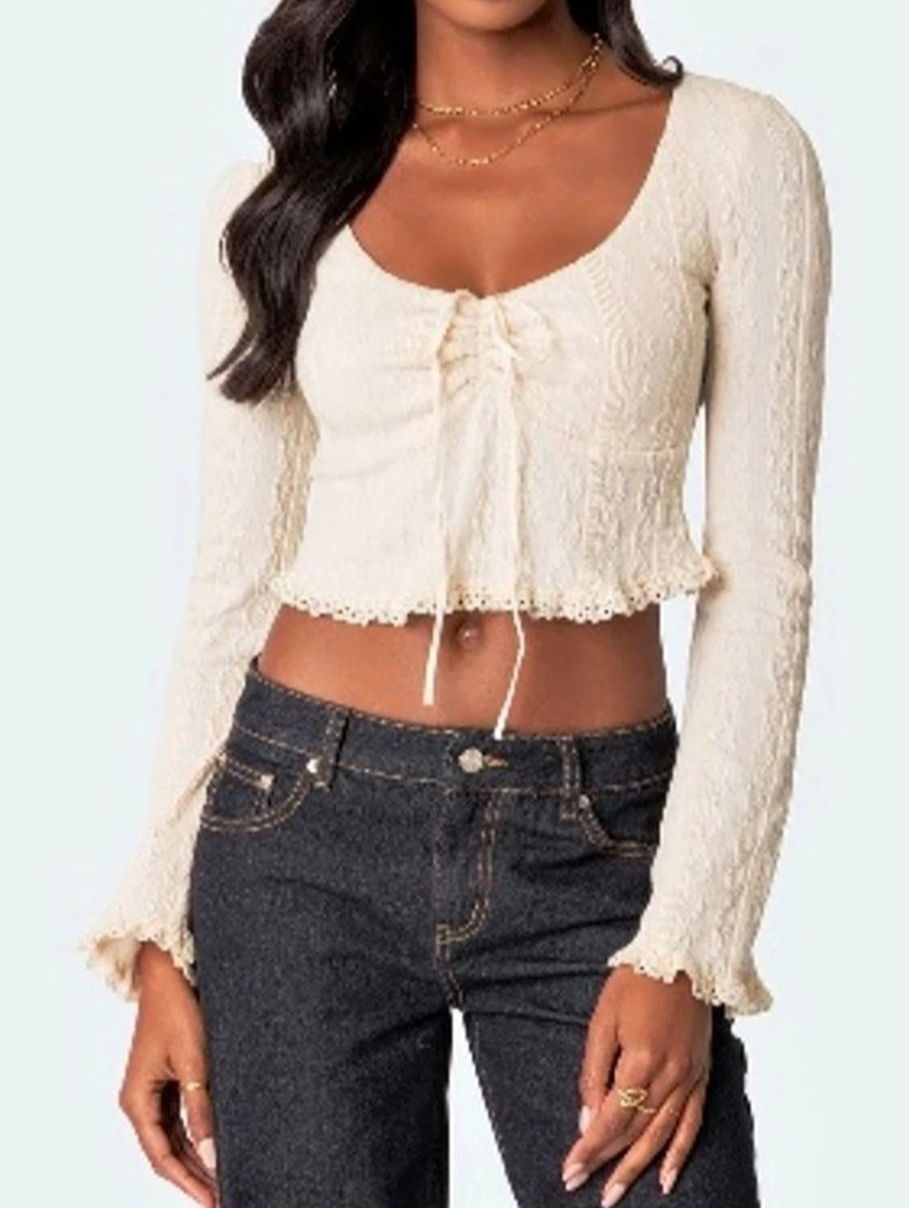 Edikted Cream Lace Trim Ruched Tie Front Bell Sleeve Top Coquette Fairycore M